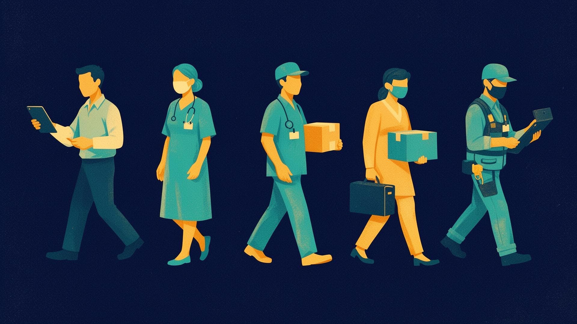 Stylized silhouettes of frontline workers — field sales, healthcare, delivery, retail, service